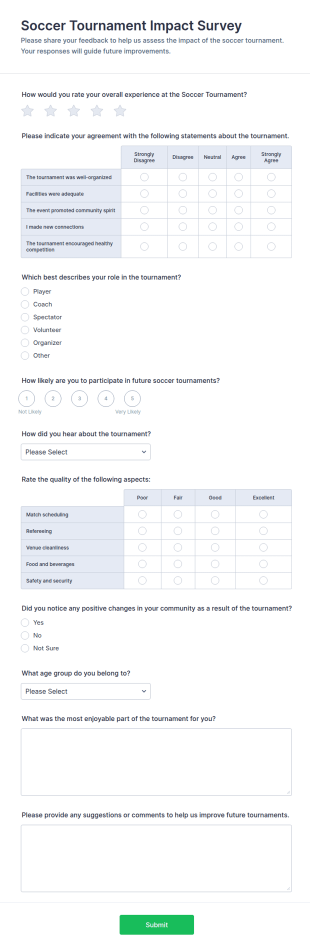 Soccer Tournament Impact Survey Form Template