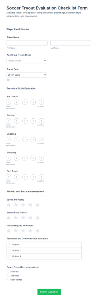 Soccer Tryout Evaluation Checklist Form Template