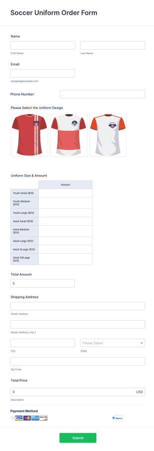 Soccer Uniform Order Form Template