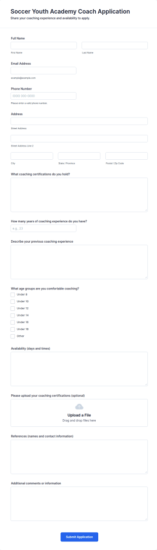 Soccer Youth Academy Coach Application Form Template