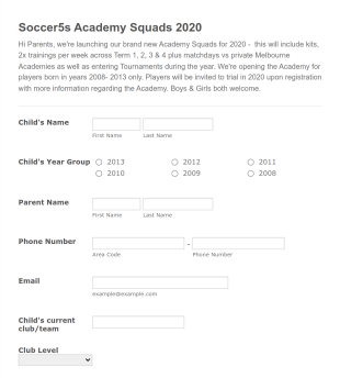 Soccer5s Academy EOI Form Template