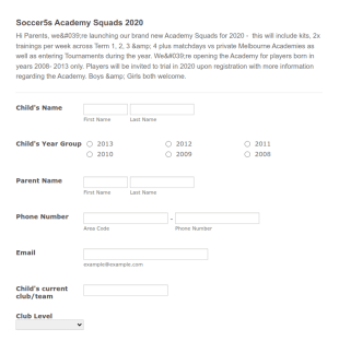 Soccer5s Academy EOI Form Template