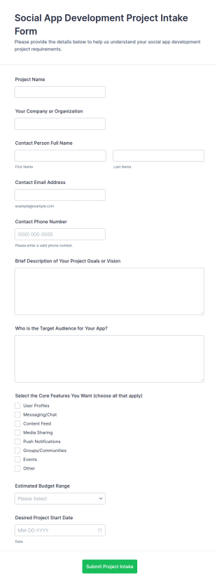 Social App Development Project Intake Form Template