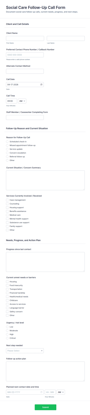 Social Care Follow Up Call Form Template