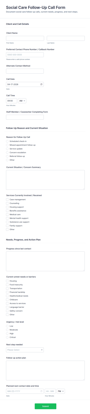 Social Care Follow Up Call Form Template