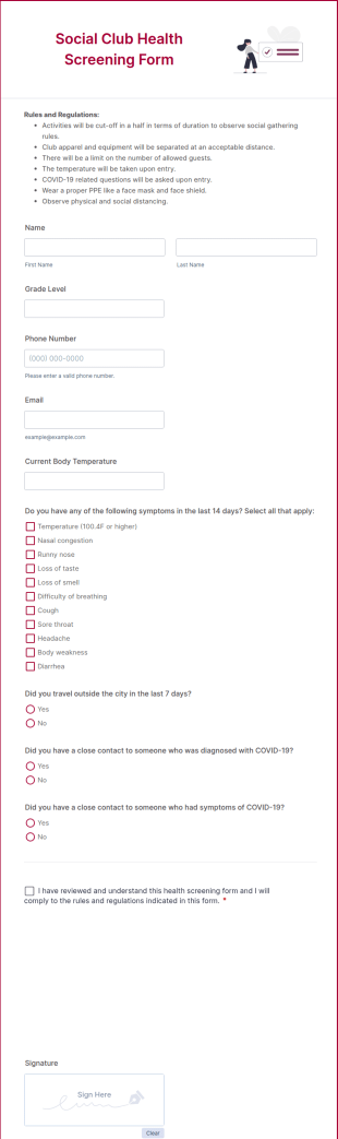 Social Club Health Screening Form Template