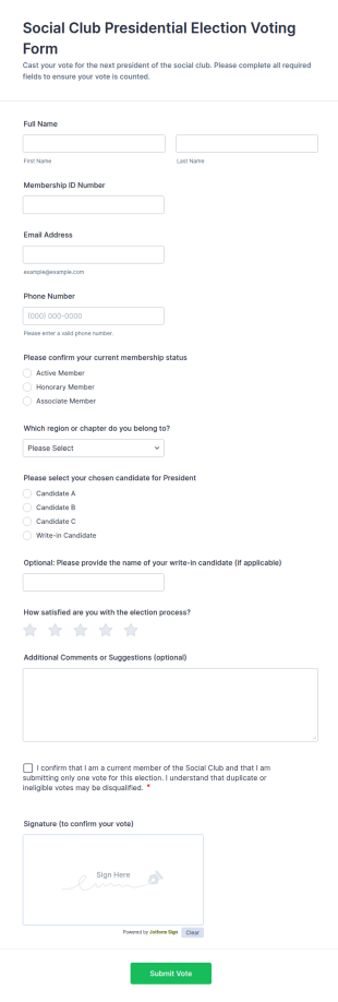 Social Club Presidential Election Voting Form Template