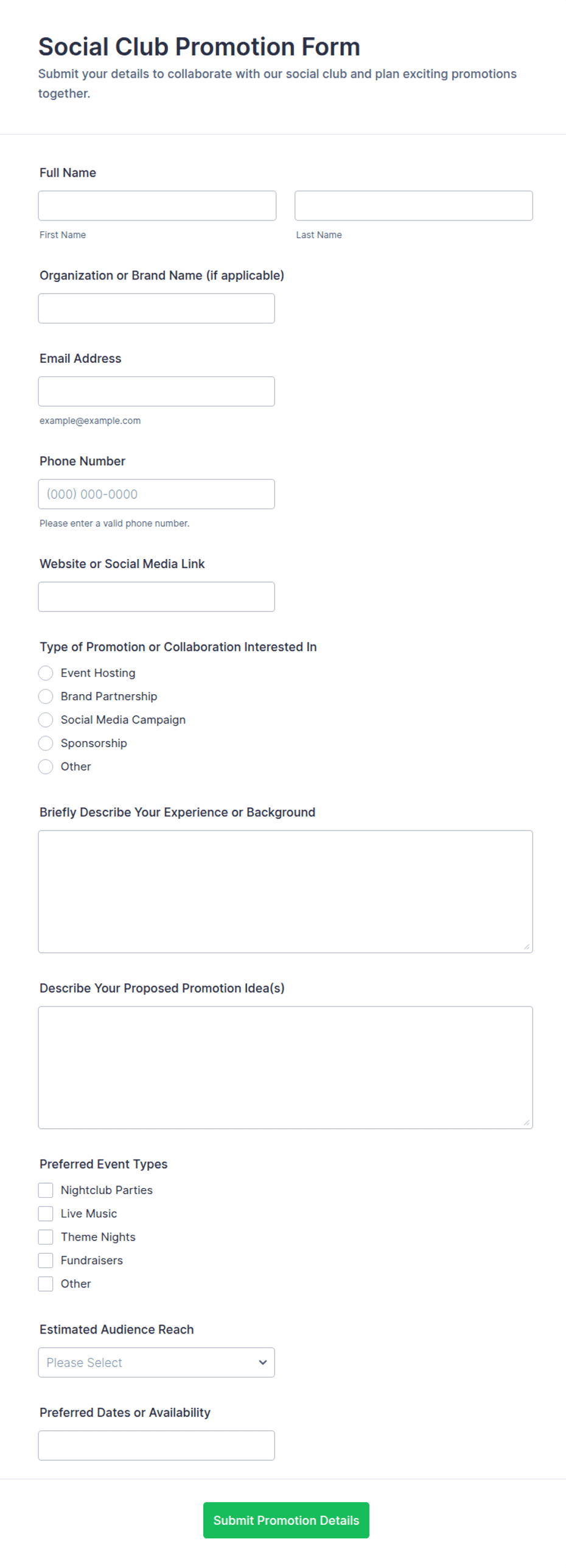 Social Club Promotion Form Template | Jotform