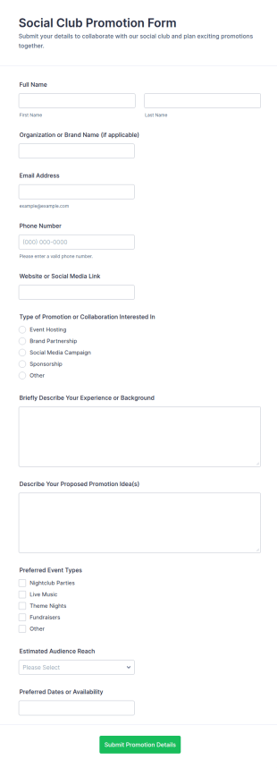 Social Club Promotion Form Template