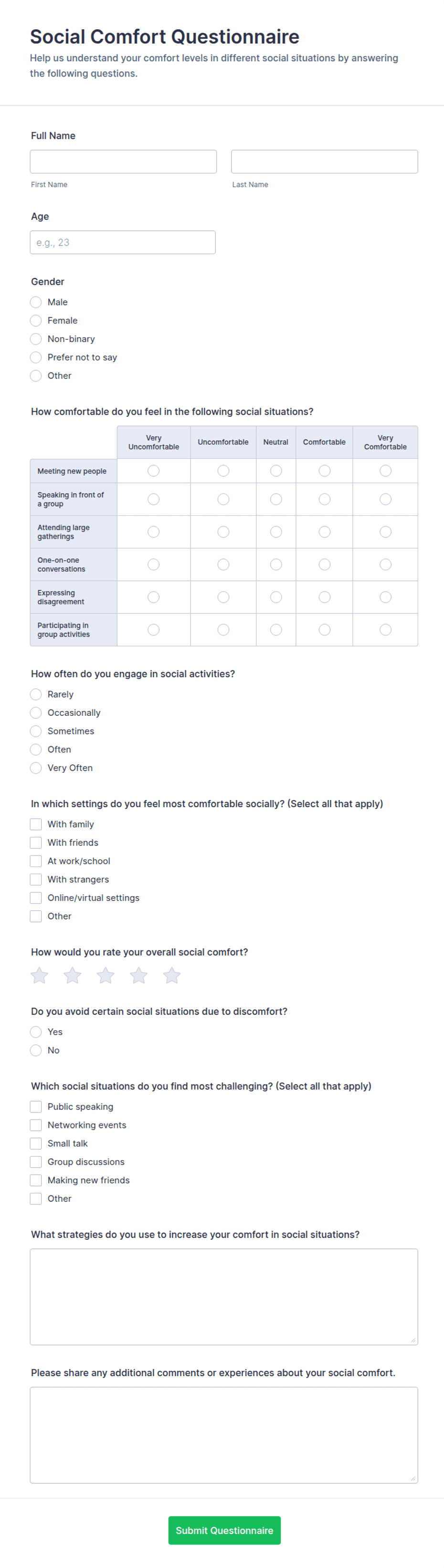 Social Comfort Questionnaire Form Template | Jotform