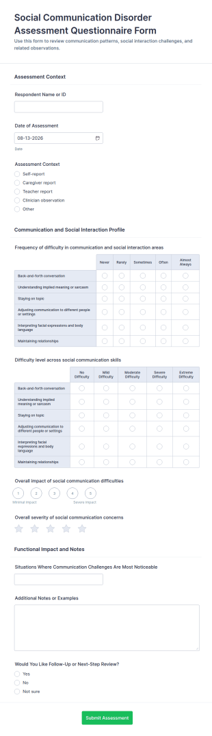 Social Communication Disorder Assessment Questionnaire Form Template