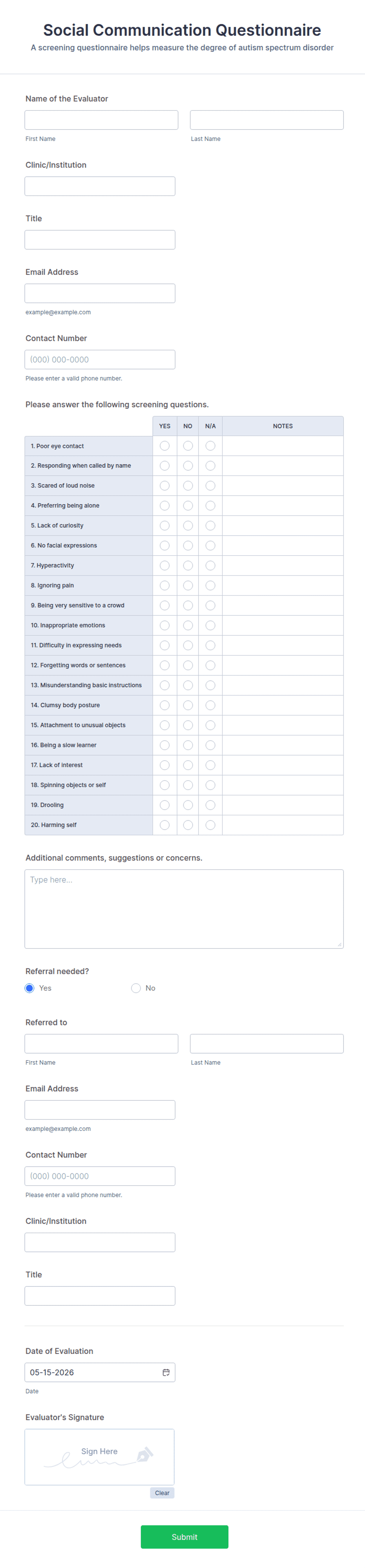 Social Communication Questionnaire Form Template | Jotform