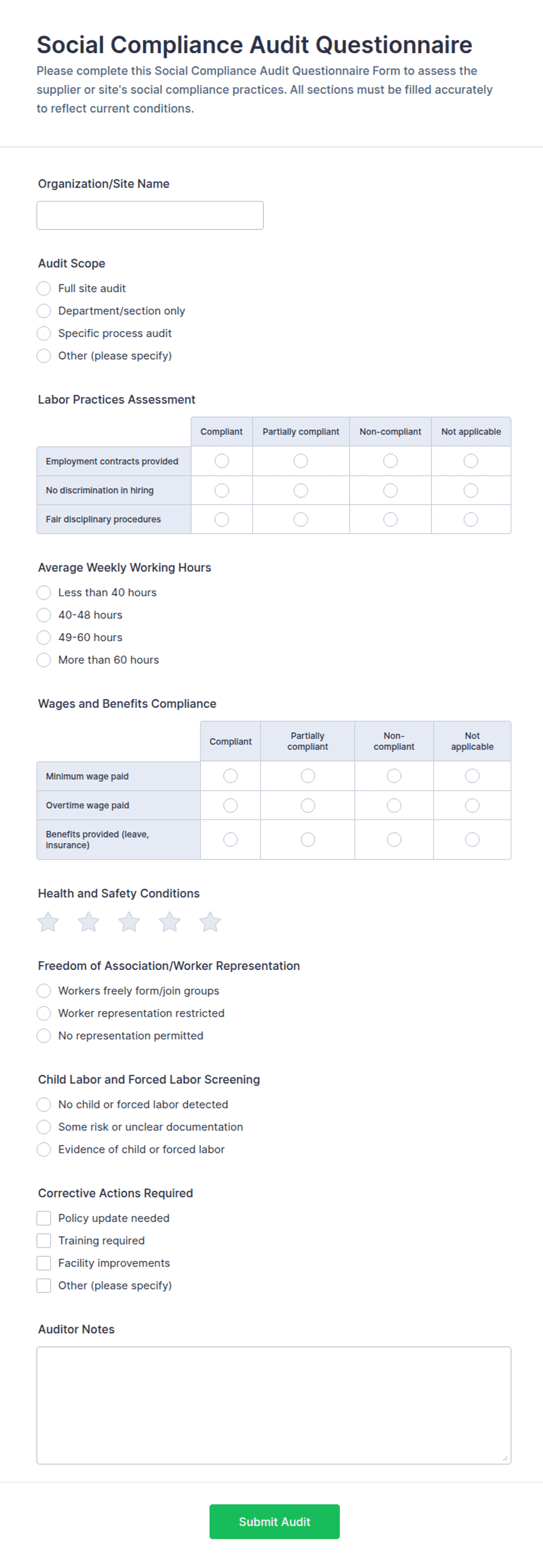 Social Compliance Audit Questionnaire Form Template | Jotform