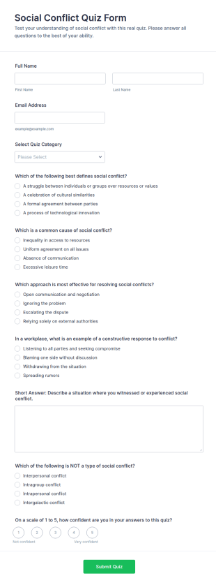 Social Conflict Quiz Form Template