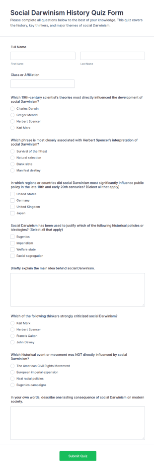 Social Darwinism History Quiz Form Template