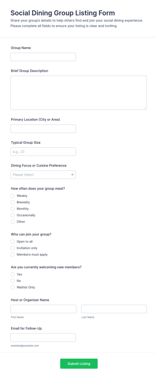 Social Dining Group Listing Form Template