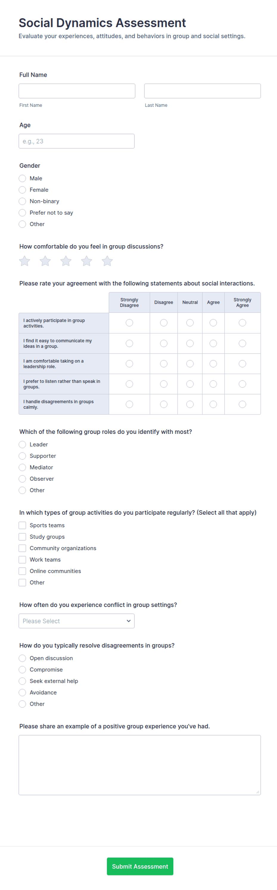 Social Dynamics Assessment Form Template | Jotform
