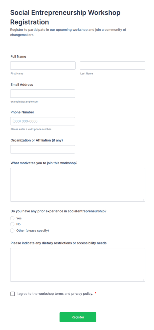 Social Entrepreneurship Workshop Registration Form Template