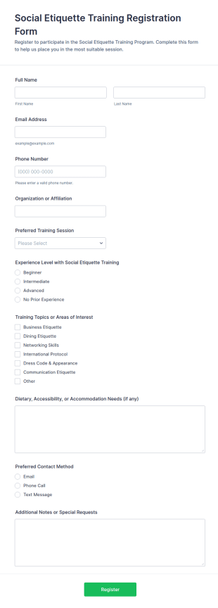 Social Etiquette Training Registration Form Template