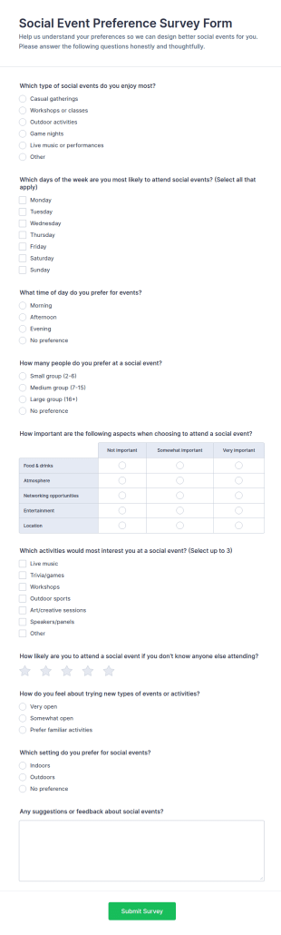 Social Event Preference Survey Form Template