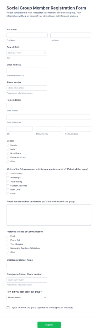 Social Group Member Registration Form Template