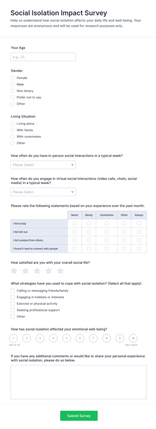 Social Isolation Impact Survey Form Template