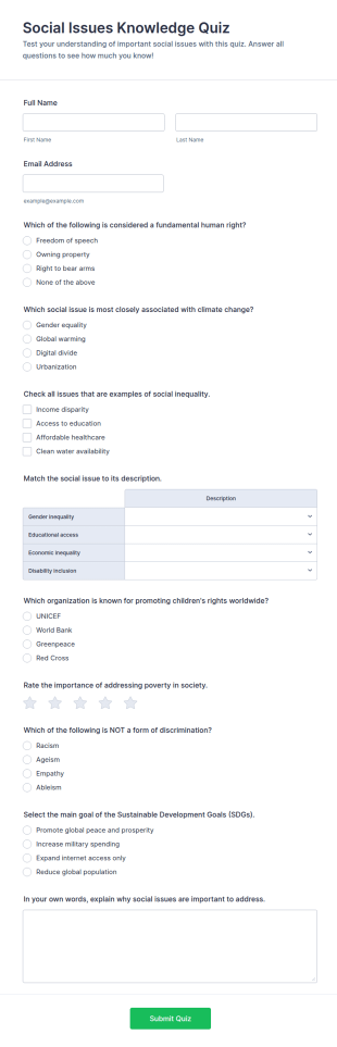 Social Issues Knowledge Quiz Form Template