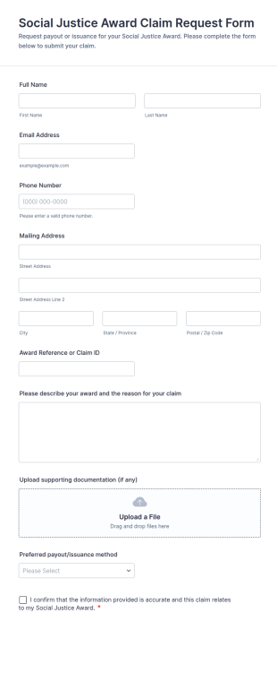 Social Justice Award Claim Request Form Template