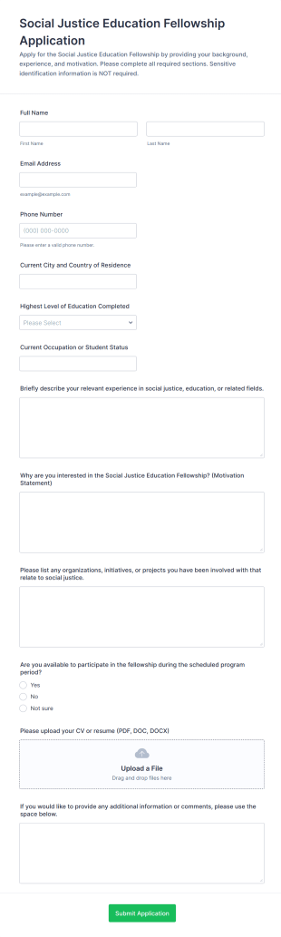 Social Justice Education Fellowship Application Form Template