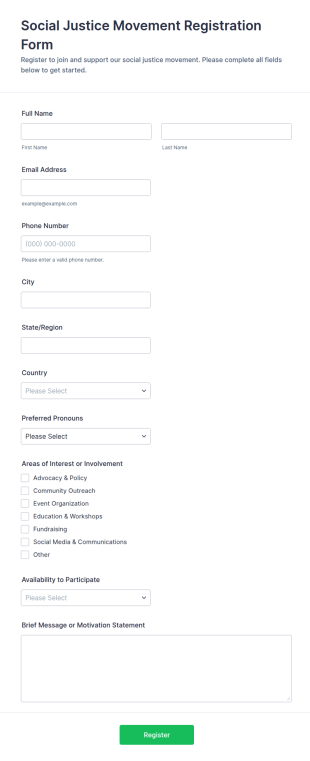 Social Justice Movement Registration Form Template