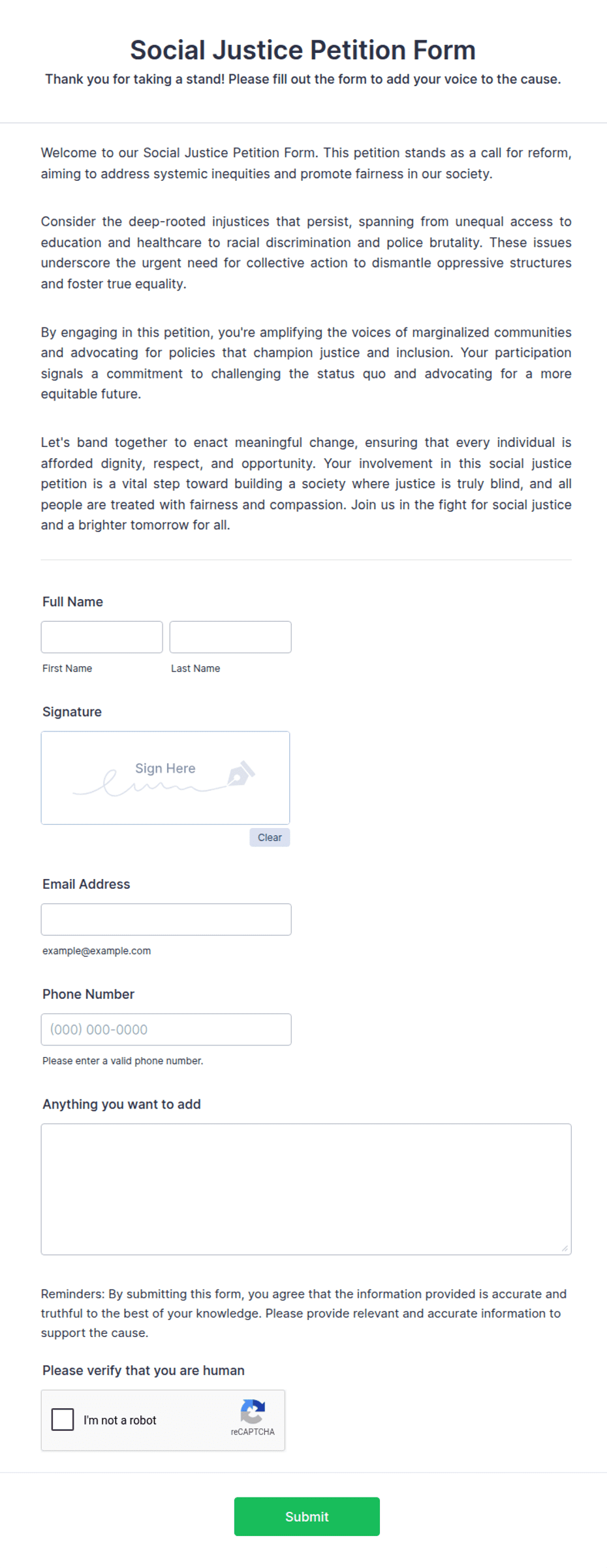 Social Justice Petition Form Template | Jotform
