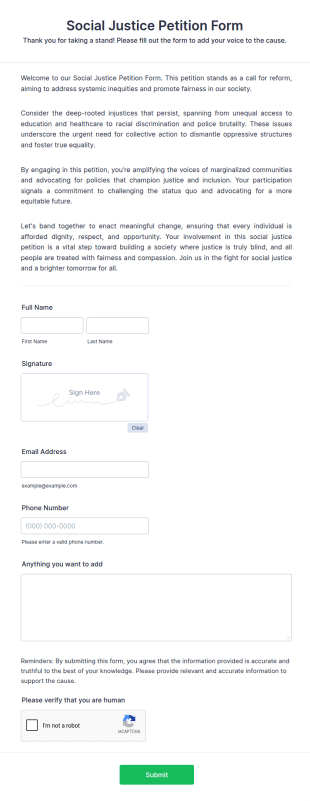 Social Justice Petition Form Template