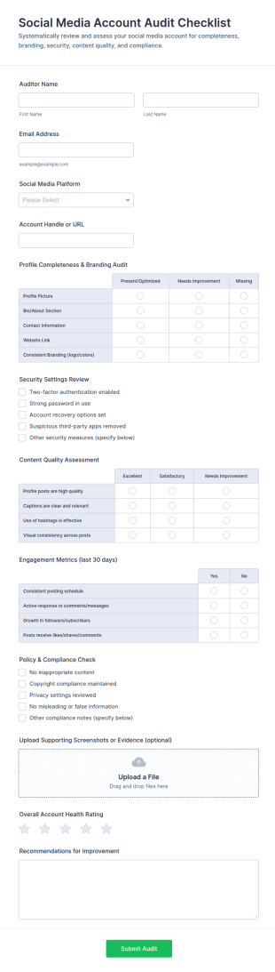 Social Media Account Audit Checklist Form Template