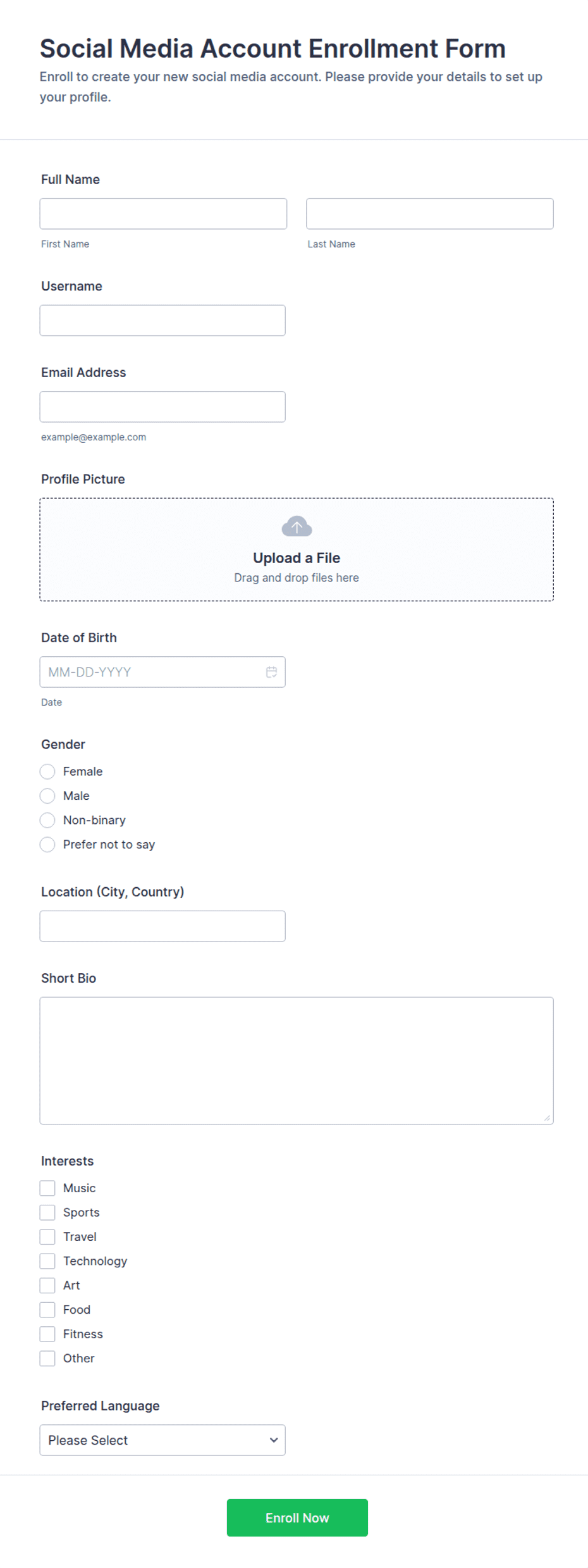 Social Media Account Enrollment Form Template | Jotform