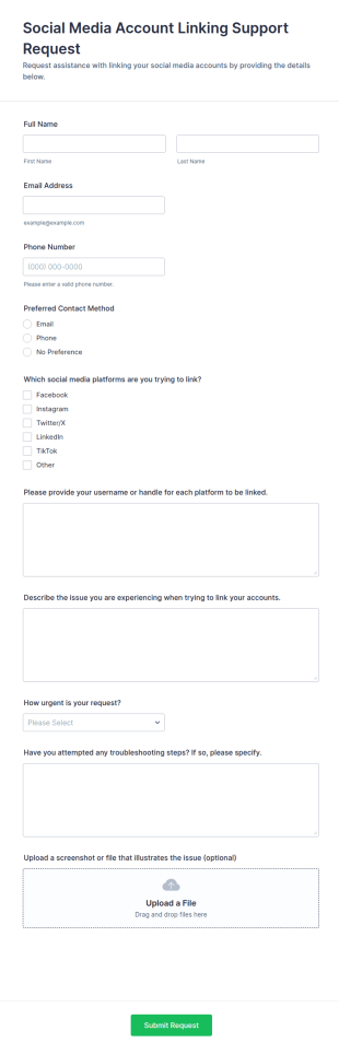 Social Media Account Linking Support Request Form Template
