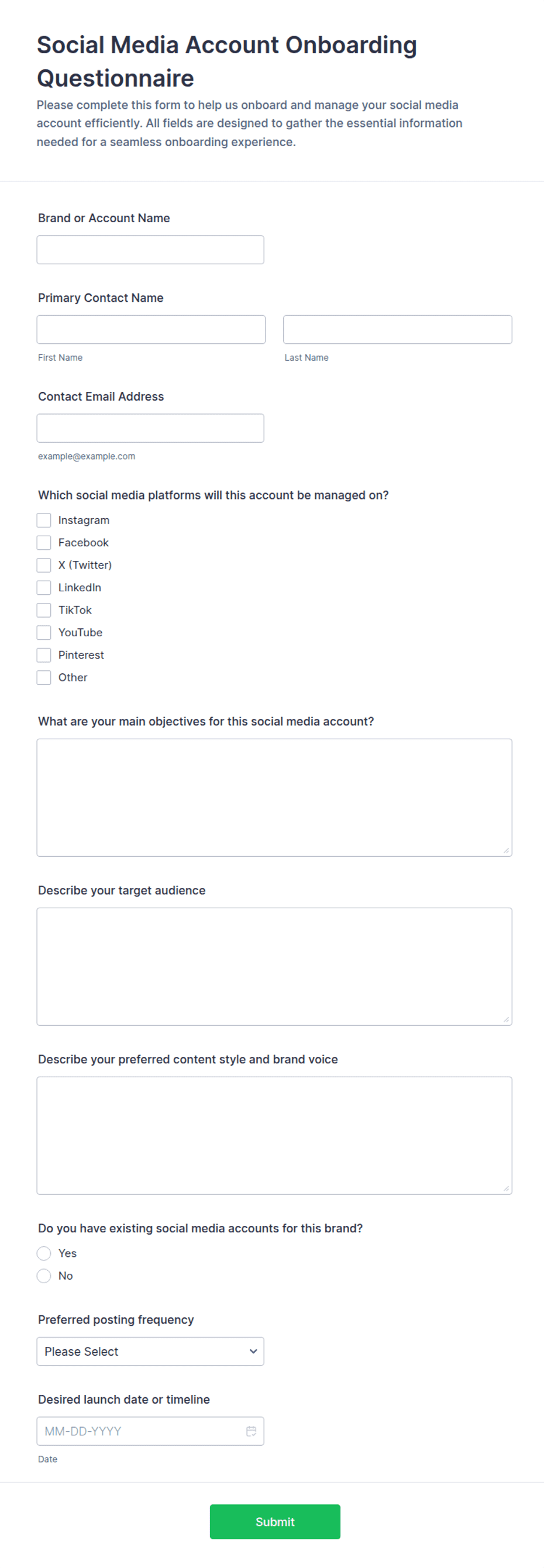 Internet Based Questionnaires Social Media Account Onboarding Questionnaire Form Template | Jotform