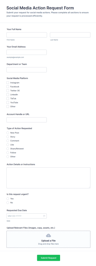 Social Media Action Request Form Template