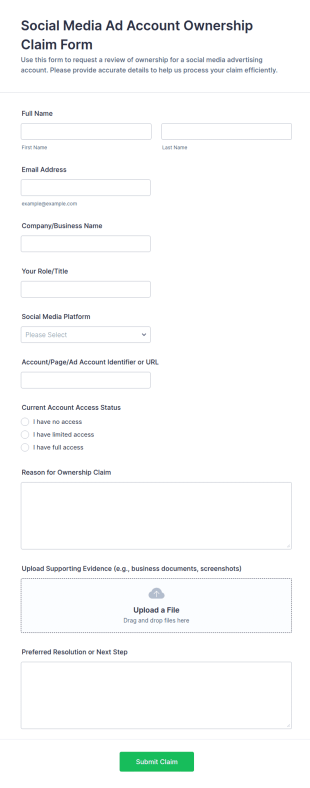 Social Media Ad Account Ownership Claim Form Template