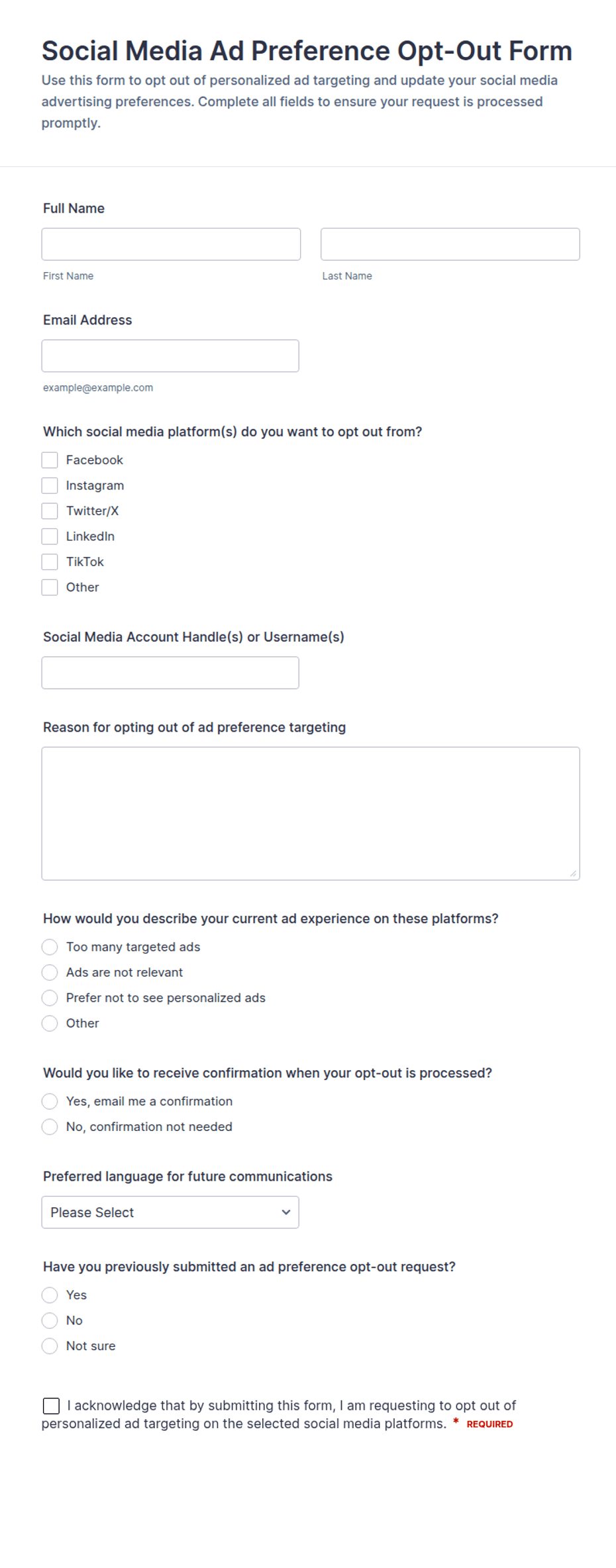 Social Media Ad Preference Opt-Out Form Template | Jotform