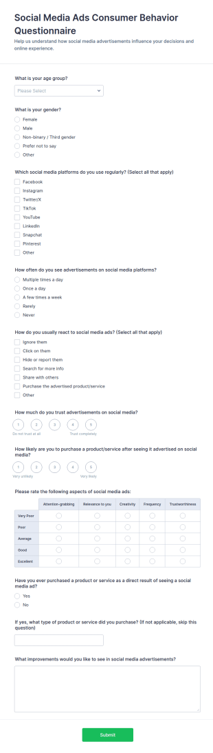 Social Media Ads Consumer Behavior Questionnaire Form Template