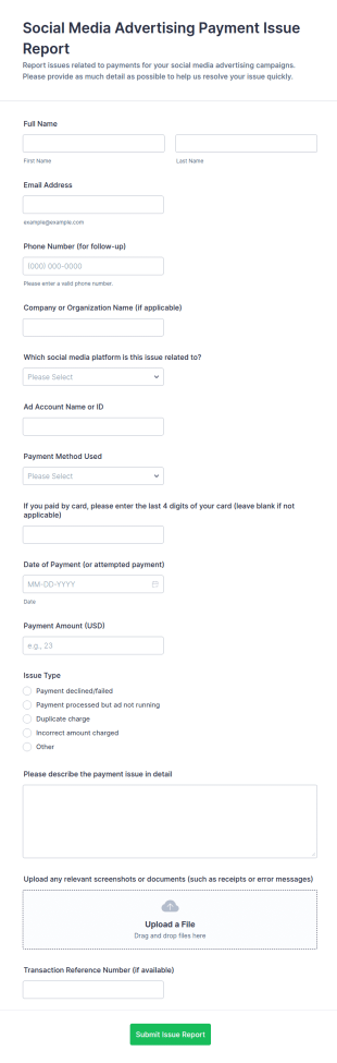 Social Media Advertising Payment Issue Report Form Template