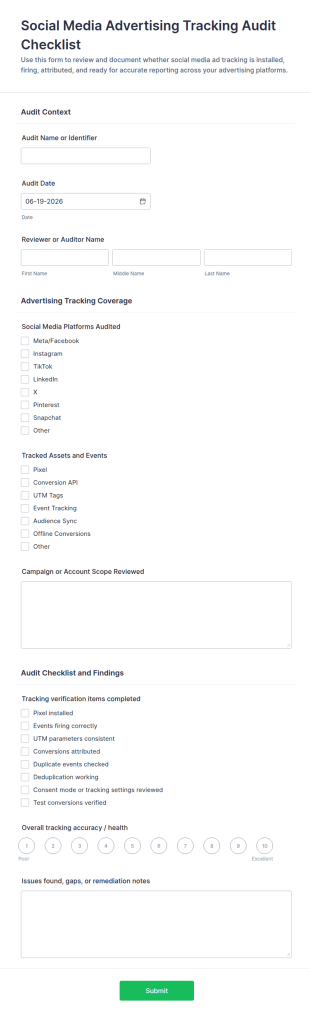 Social Media Advertising Tracking Audit Checklist Form Template