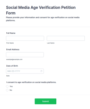 Social Media Age Verification Petition Form Template