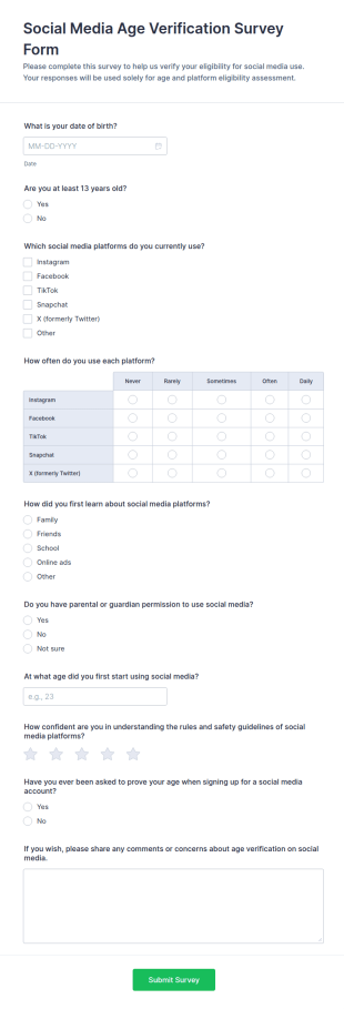Social Media Age Verification Survey Form Template