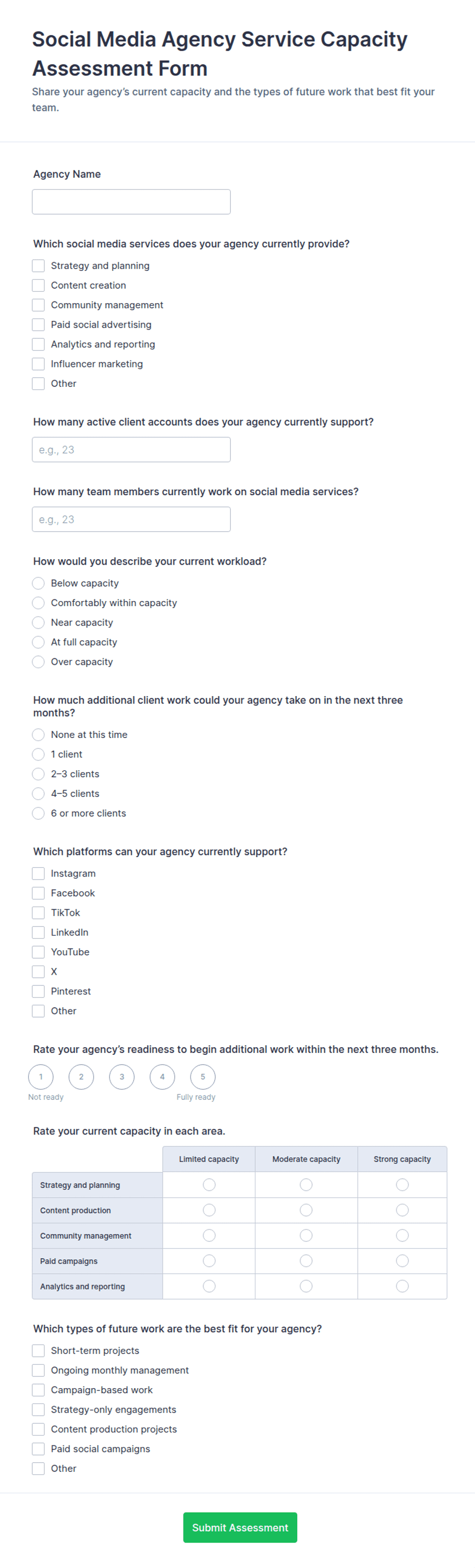 Social Media Agency Service Capacity Assessment Form Template | Jotform