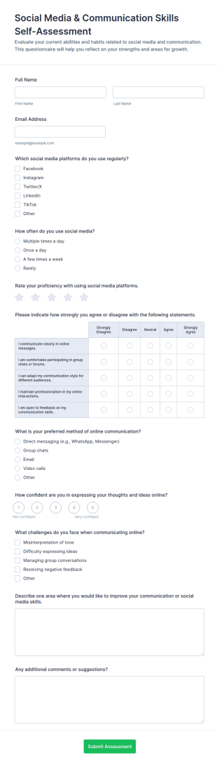 Social Media & Communication Skills Self Assessment Form Template