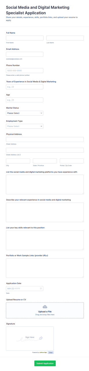 Social Media And Digital Marketing Specialist Application Form Template