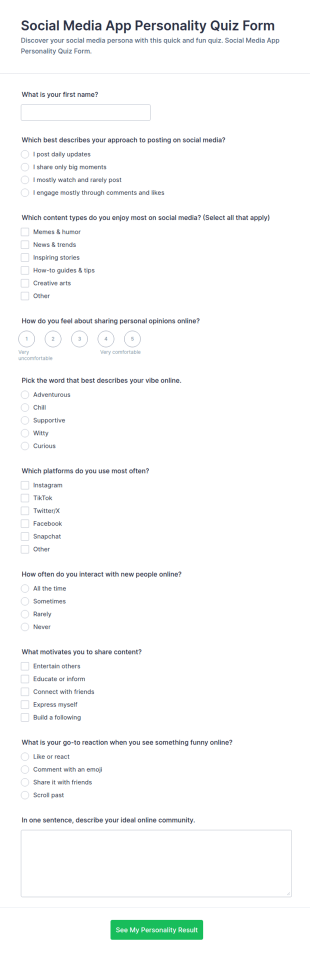Social Media App Personality Quiz Form Template