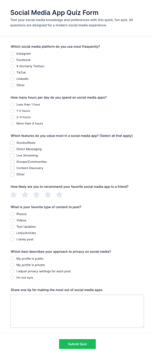 Social Media App Quiz Form Template
