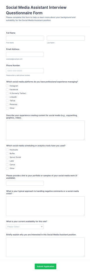 Social Media Assistant Interview Questionnaire Form Template